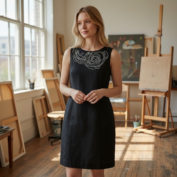 Dresses & Skirts - Monsoon Black Linen/Silk Floral Applique A-Line Dress 10 Wedding Guest Cocktail